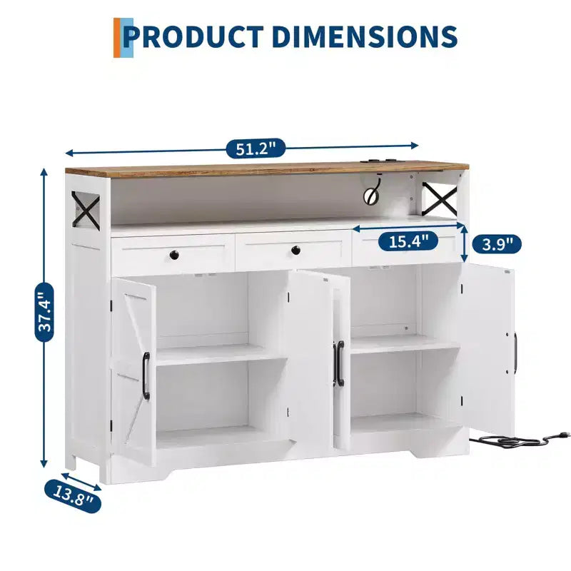 Buffet armoire de ferme de 51 po avec tiroirs, étagère ouverte et station de recharge