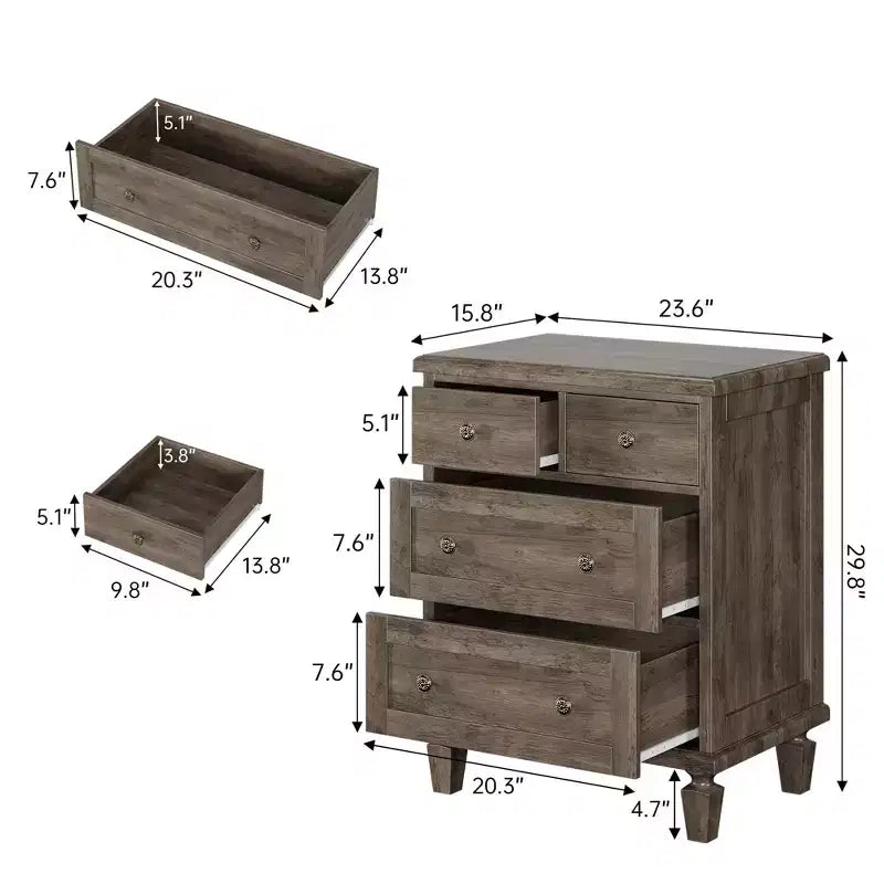Commode 4 tiroirs avec pieds coniques et finition vieillie