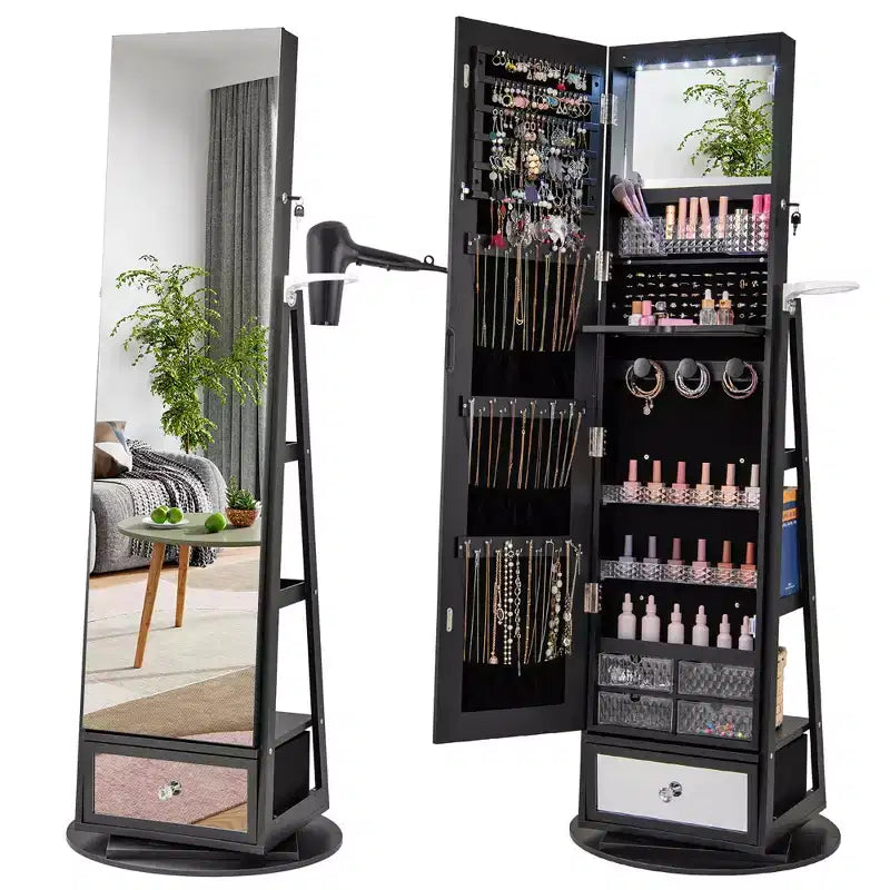 Costway 360 Swivel Jewelry Cabinet w/ Mirror Jewelry Storage Organizer Built-in Lights Black