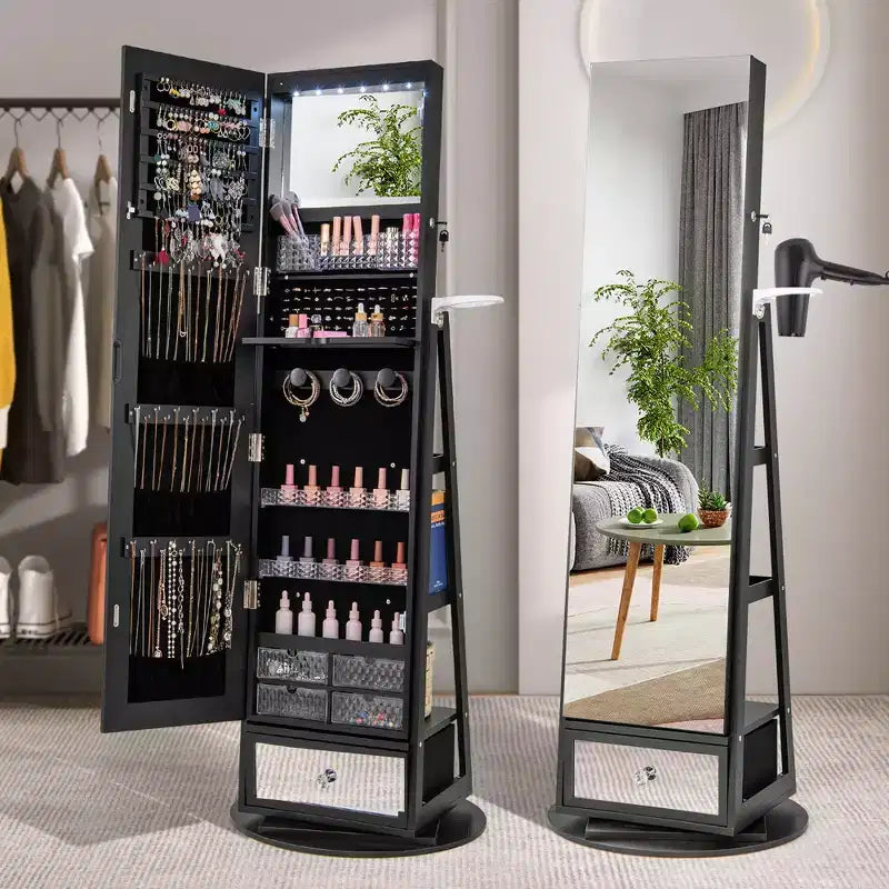 Meuble à bijoux pivotant à 360° avec miroir et lumières LED