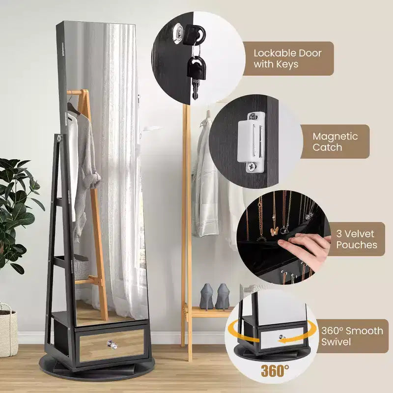 Meuble à bijoux pivotant à 360° avec miroir et lumières LED