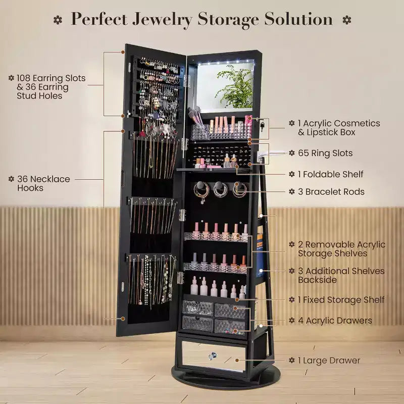 Meuble à bijoux pivotant à 360° avec miroir et lumières LED