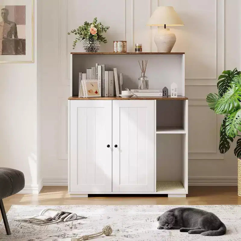 Meuble cache-litière pour chat avec étagère de rangement ouverte