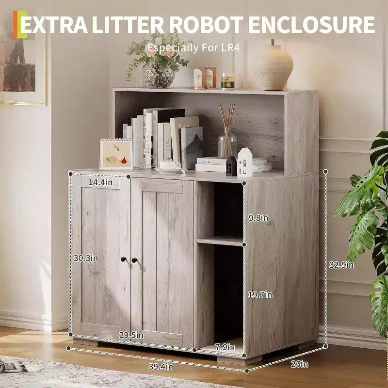 Meuble cache-litière pour chat avec étagère de rangement ouverte