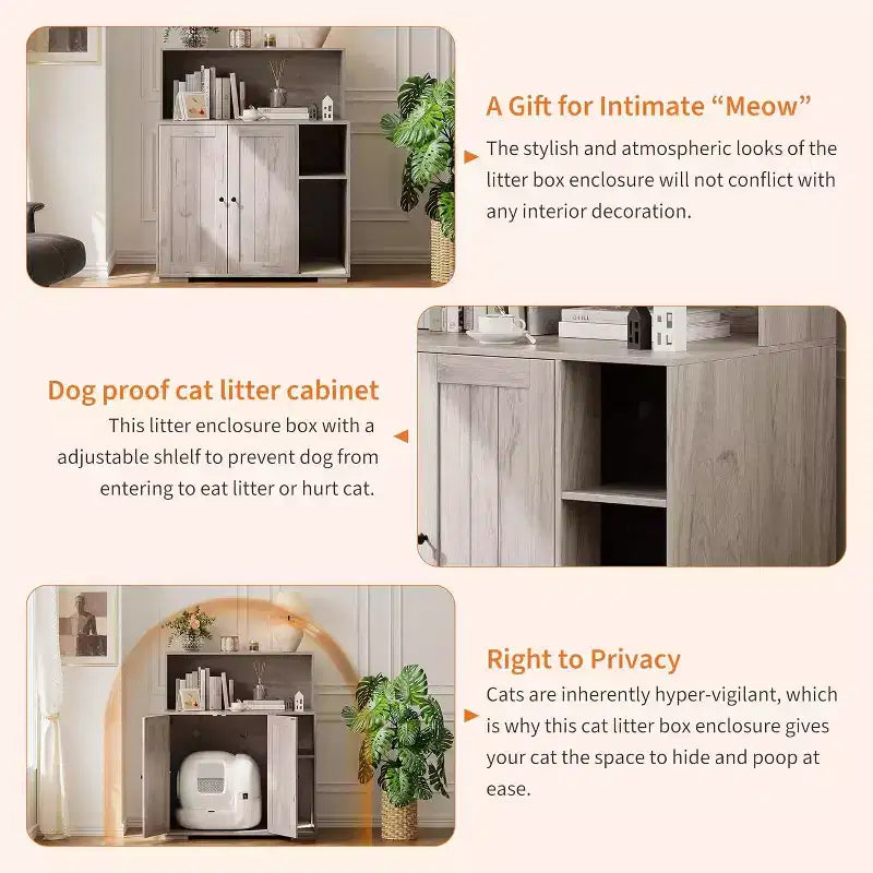 Meuble cache-litière pour chat avec étagère de rangement ouverte