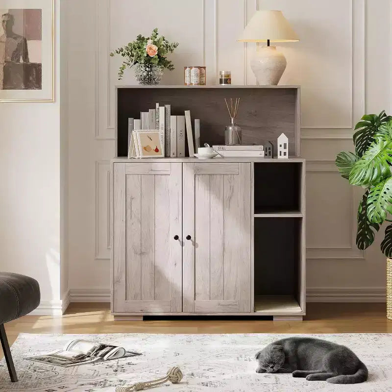 Meuble cache-litière pour chat avec étagère de rangement ouverte