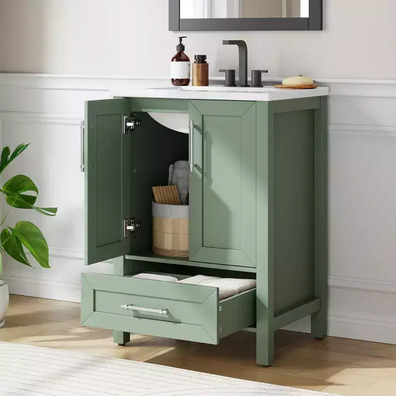 Bathroom Vanity with Ceramic Sink, Storage Cabinet with Drawer, 2 Soft-Close Doors, Integral Top for Bathroom