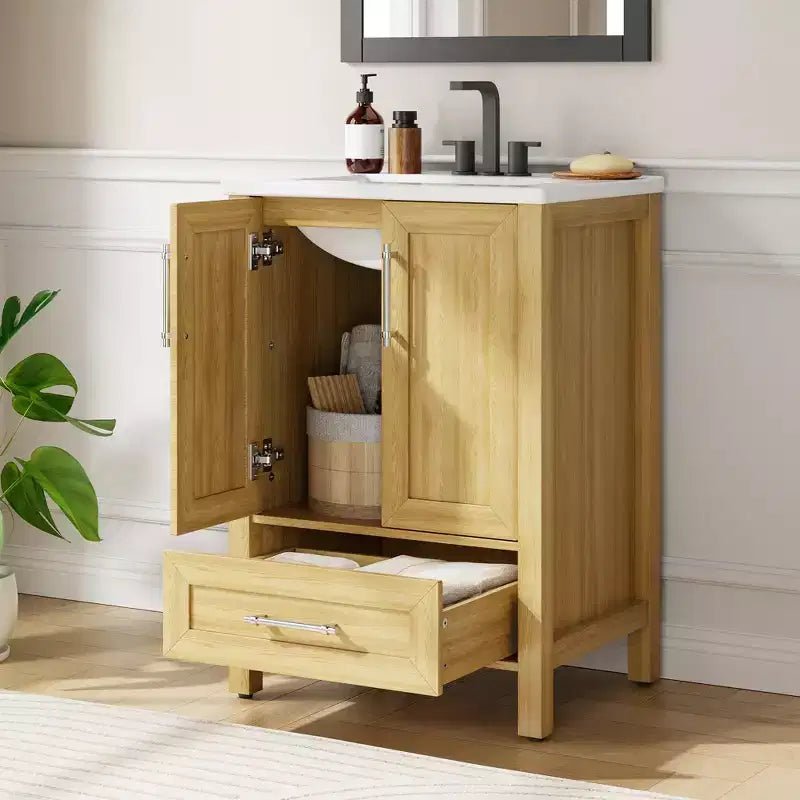 Meuble-lavabo avec vasque en céramique et armoire à fermeture amortie