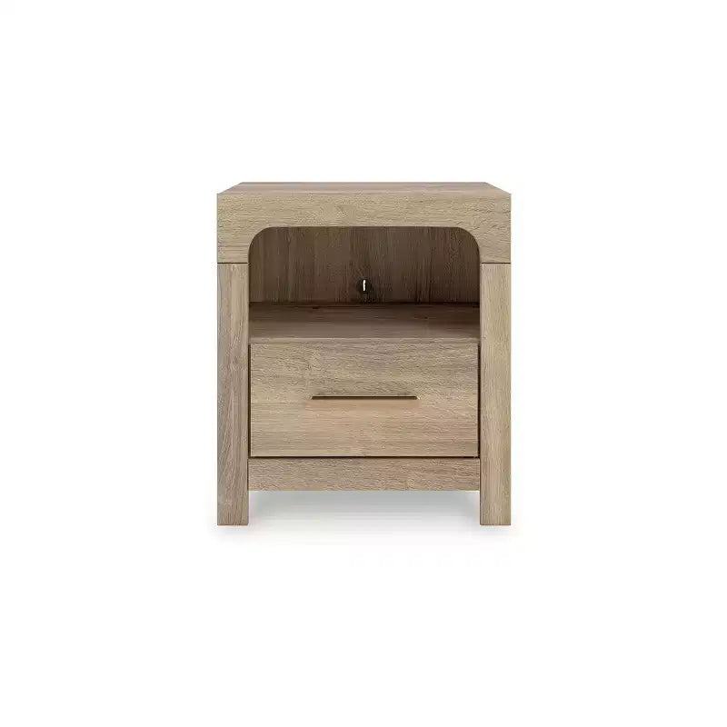 Table de chevet avec tiroir, étagère ouverte et ports de chargement USB