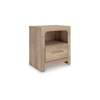 Table de chevet avec tiroir, étagère ouverte et ports de chargement USB