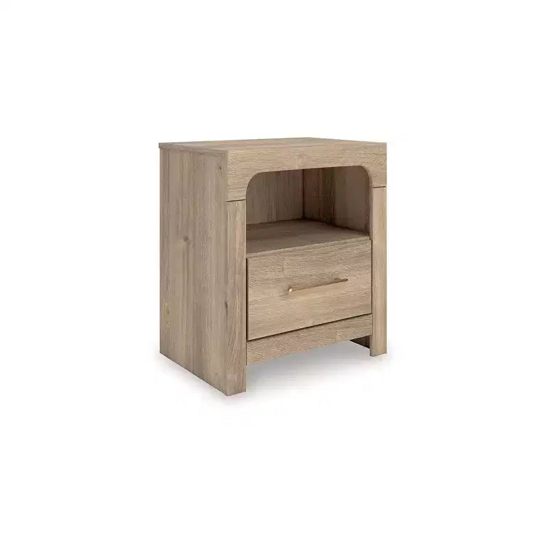 Table de chevet avec tiroir, étagère ouverte et ports de chargement USB