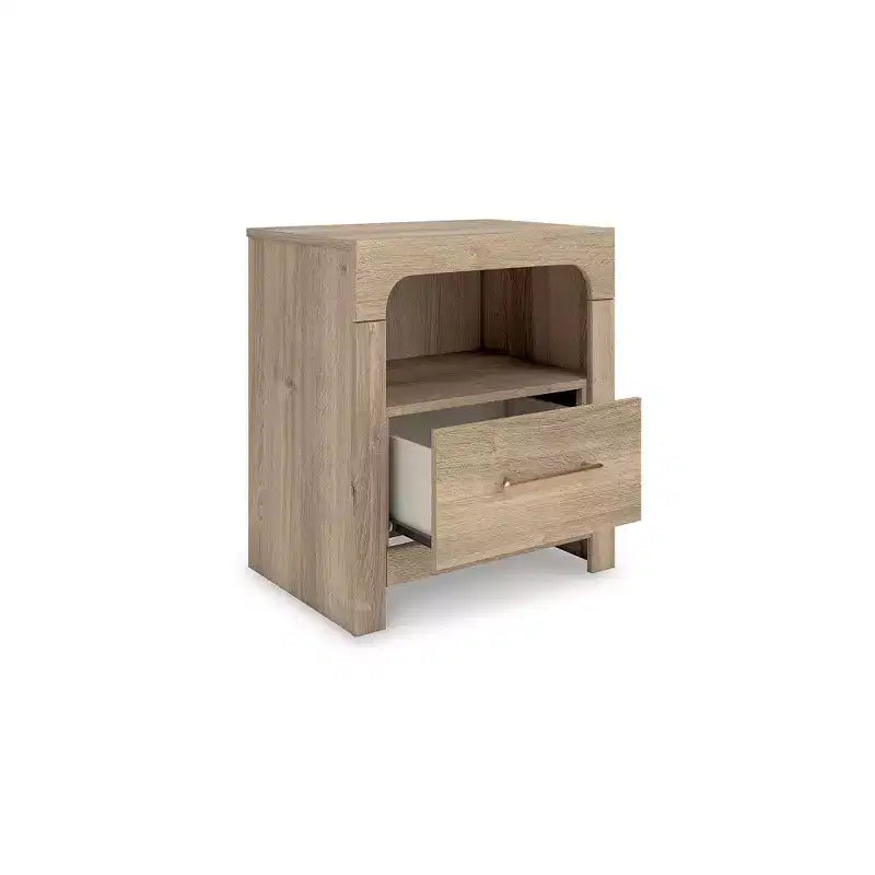 Table de chevet avec tiroir, étagère ouverte et ports de chargement USB
