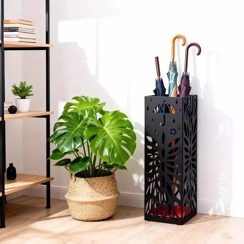 Porte-parapluies en acier avec égouttoir et crochet amovible
