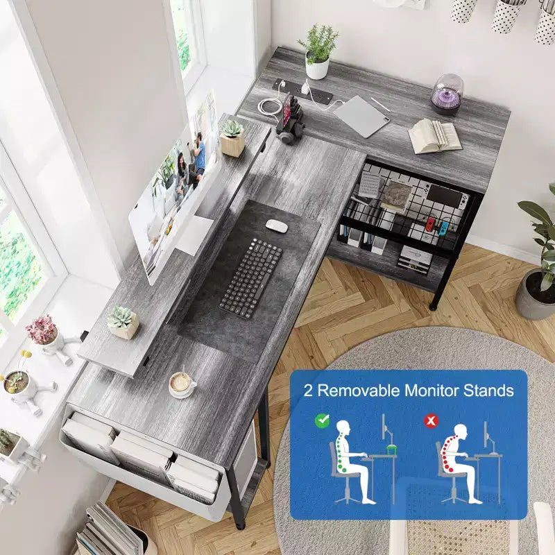 Bureau d'angle réversible en L avec support d'écran et bande LED