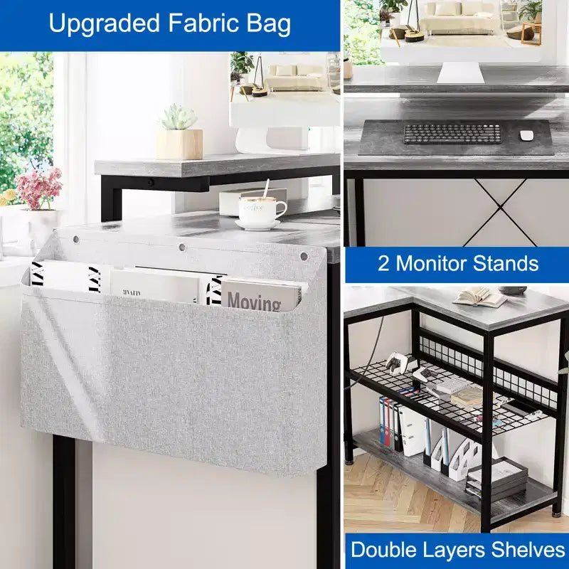 Bureau d'angle réversible en L avec support d'écran et bande LED