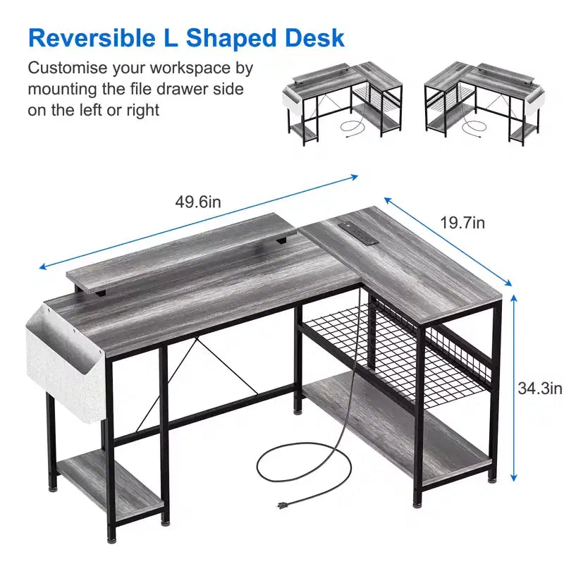 Bureau d'angle réversible en L avec support d'écran et bande LED