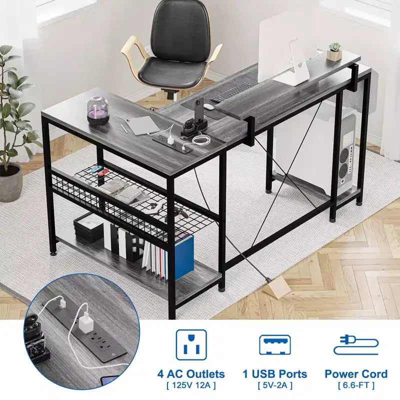 Bureau d'angle réversible en L avec support d'écran et bande LED