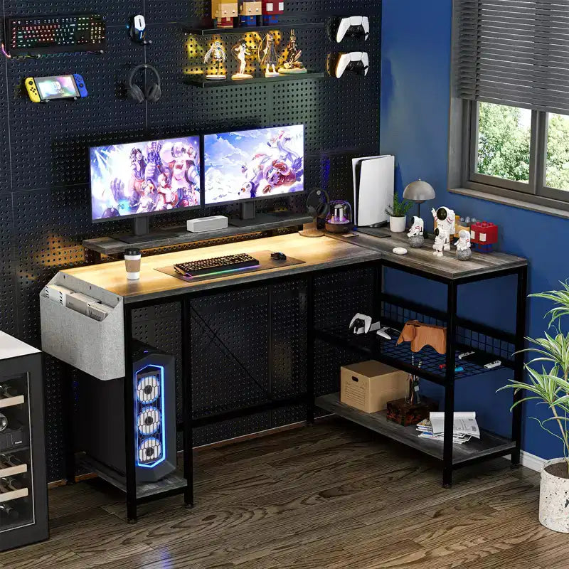 Bureau d'angle réversible en L avec support d'écran et bande LED