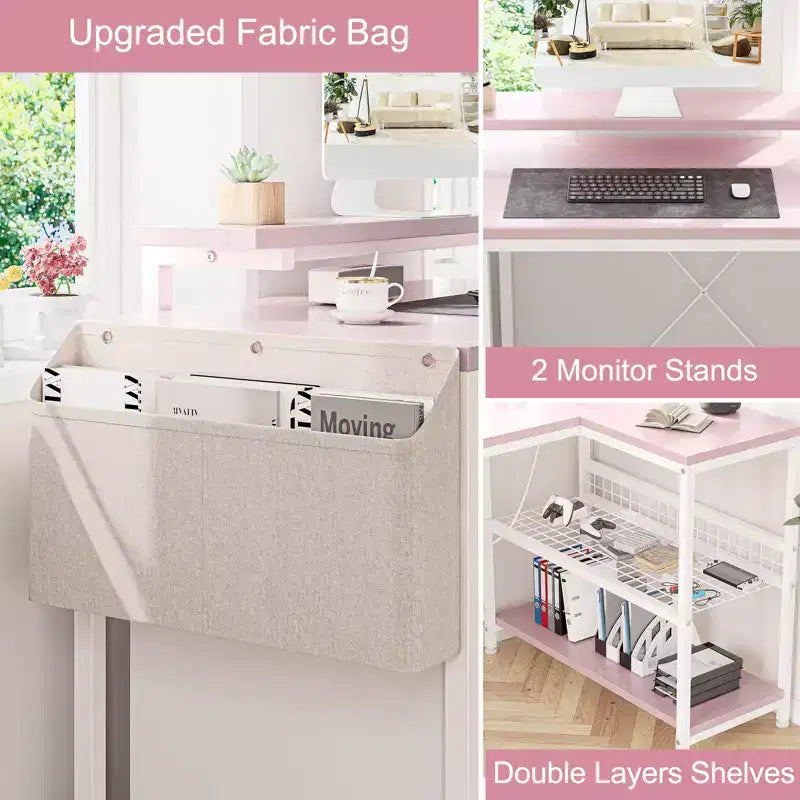 Bureau d'angle réversible en L avec support d'écran et bande LED