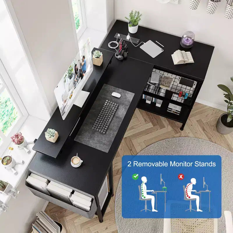 Bureau d'angle réversible en L avec support d'écran et bande LED