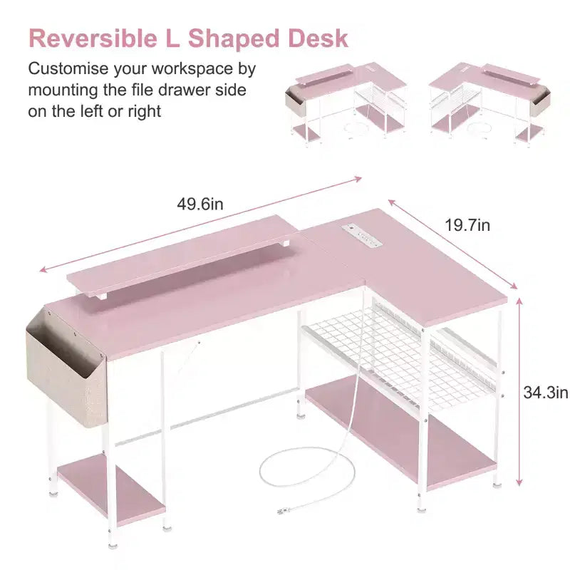 Bureau d'angle réversible en L avec support d'écran et bande LED