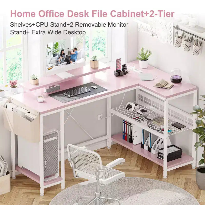 Bureau d'angle réversible en L avec support d'écran et bande LED