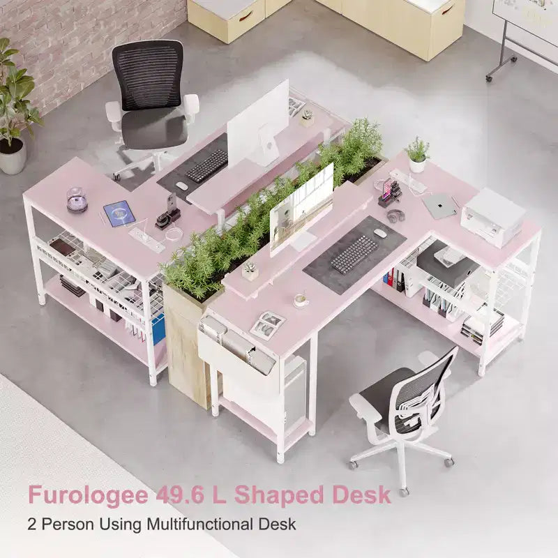 Bureau d'angle réversible en L avec support d'écran et bande LED