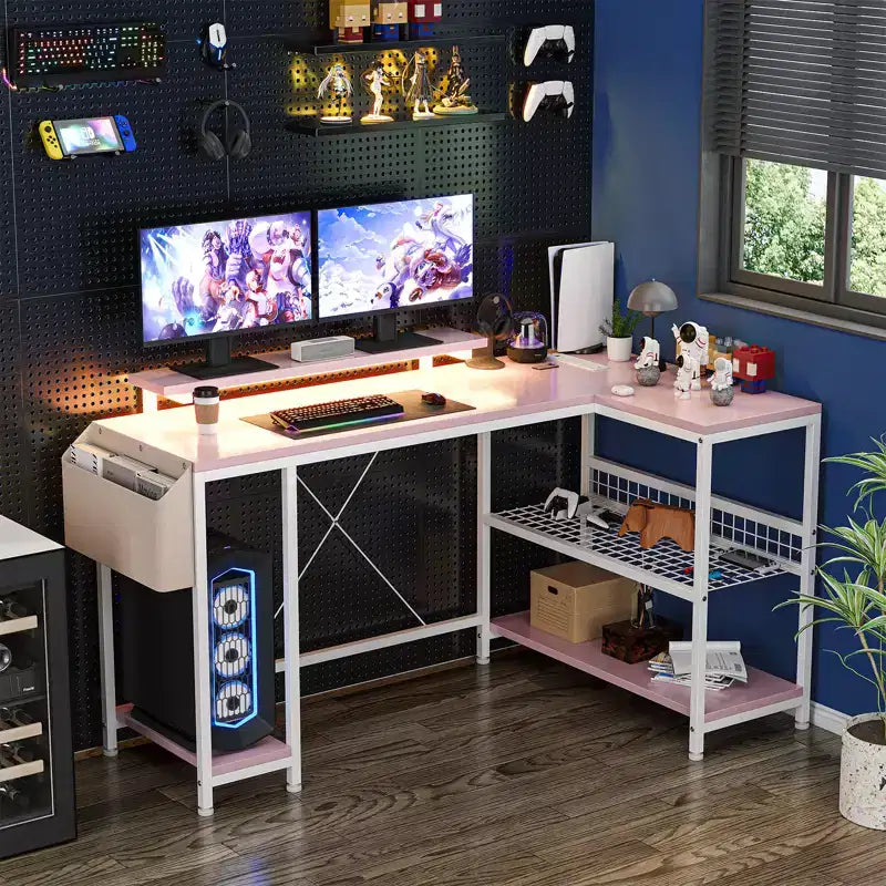 Bureau d'angle réversible en L avec support d'écran et bande LED