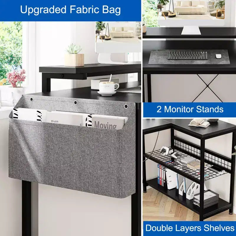 Bureau d'angle réversible en L avec support d'écran et bande LED