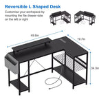 Bureau d'angle réversible en L avec support d'écran et bande LED