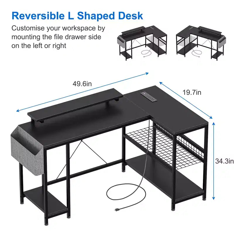 Bureau d'angle réversible en L avec support d'écran et bande LED
