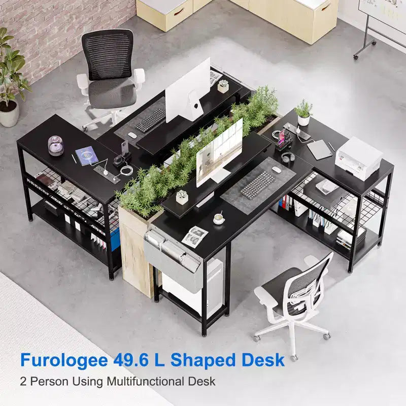Bureau d'angle réversible en L avec support d'écran et bande LED