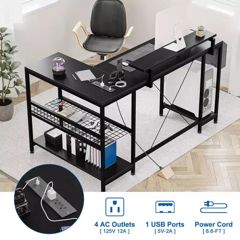 Bureau d'angle réversible en L avec support d'écran et bande LED