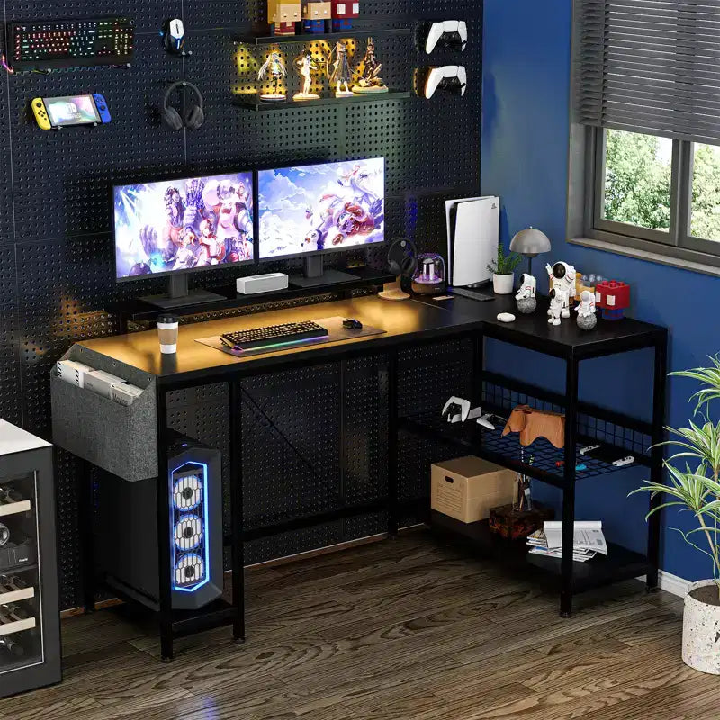 Bureau d'angle réversible en L avec support d'écran et bande LED