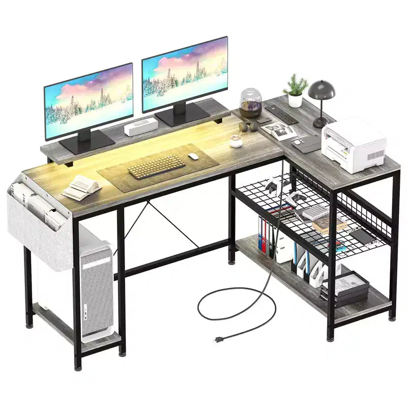 Bureau d'angle réversible en L avec support d'écran et bande LED