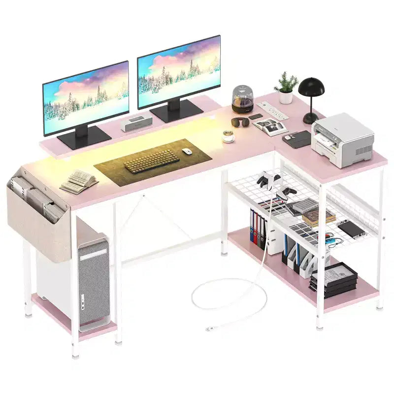 Bureau d'angle réversible en L avec support d'écran et bande LED