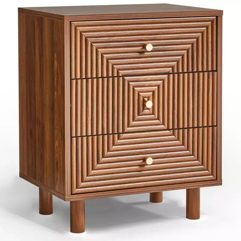 Table de chevet 3 tiroirs avec finition grain de bois et pieds massifs