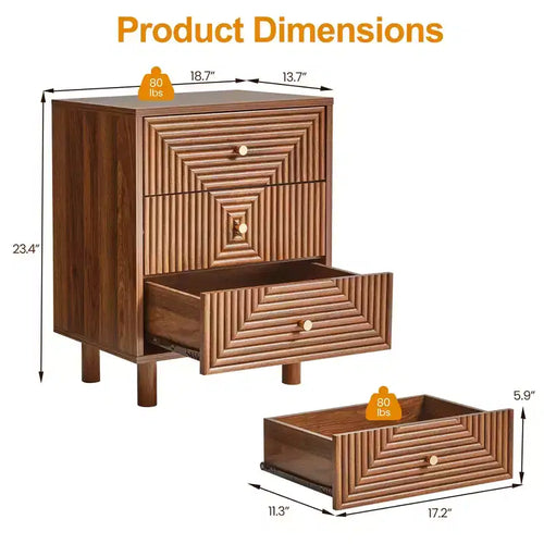Table de chevet 3 tiroirs avec finition grain de bois et pieds massifs