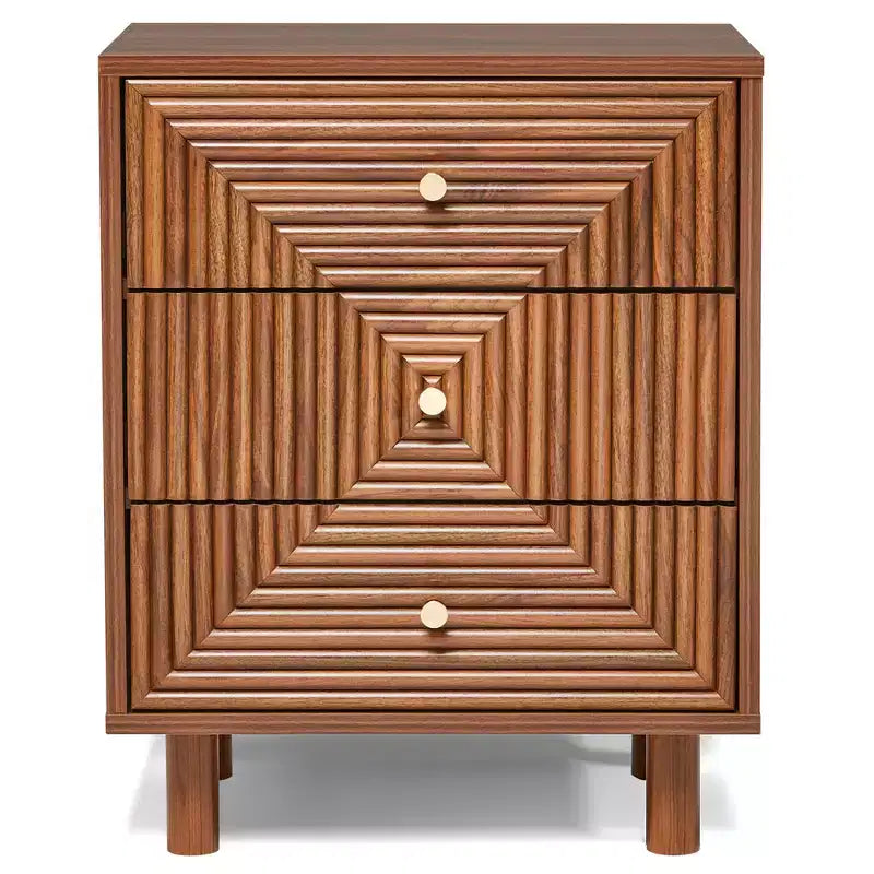 Table de chevet 3 tiroirs avec finition grain de bois et pieds massifs
