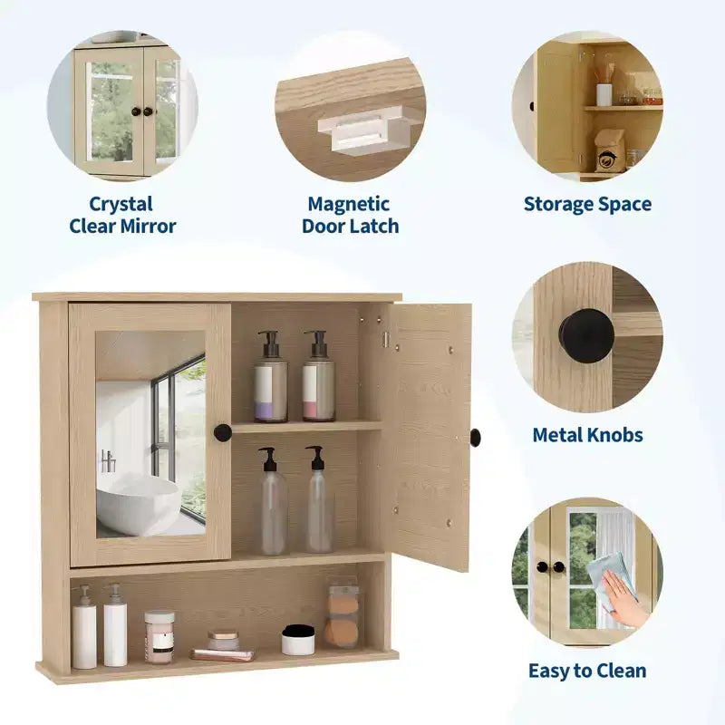 Meuble de salle de bain mural avec porte miroir et étagères réglables