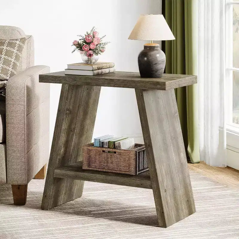 Lantine Solid Wood End Table for Living Room, Small Side Table with 2-Tier Storage, Farmhouse Bedside Table for Small Places, Washed Brown (1PCS)