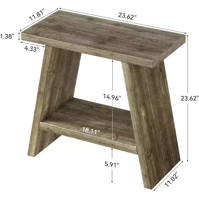 Table d'appoint en bois massif avec deux niveaux de rangement et cadre trapézoïdal