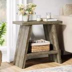 Table d'appoint en bois massif avec deux niveaux de rangement et cadre trapézoïdal