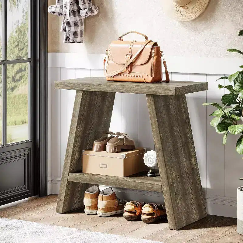 Table d'appoint en bois massif avec deux niveaux de rangement et cadre trapézoïdal