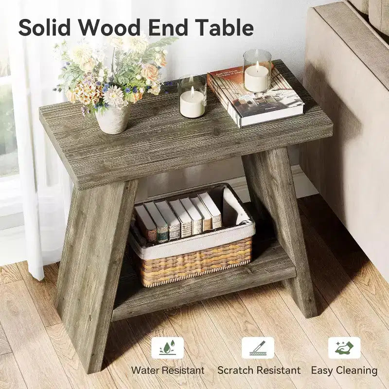 Table d'appoint en bois massif avec deux niveaux de rangement et cadre trapézoïdal