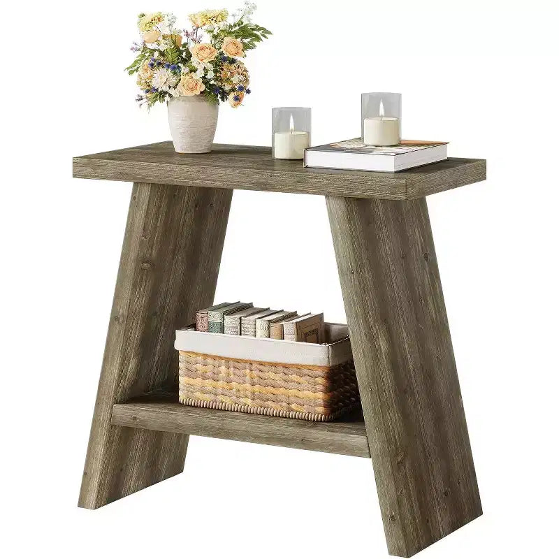 Table d'appoint en bois massif avec deux niveaux de rangement et cadre trapézoïdal