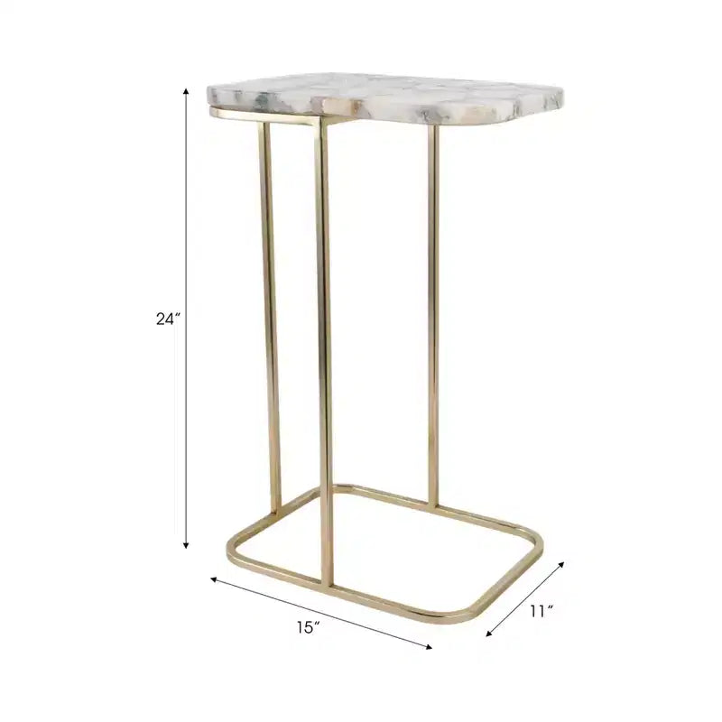 Table d'appoint en métal en forme de C avec plateau en pierre polie