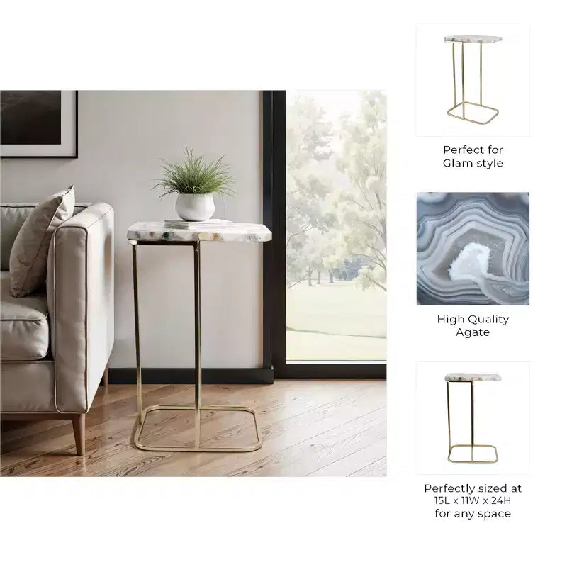 Table d'appoint en métal en forme de C avec plateau en pierre polie