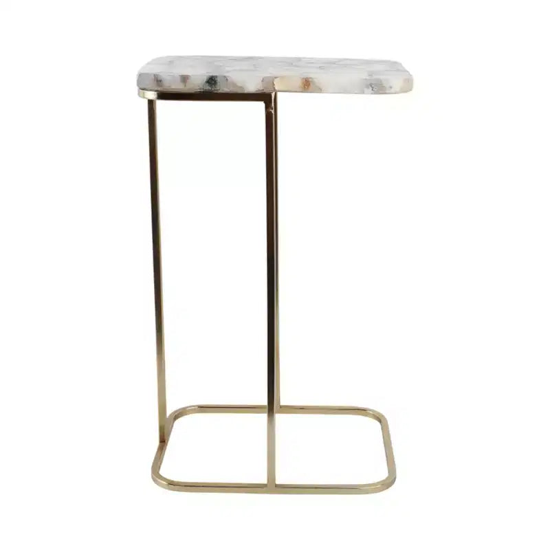 Table d'appoint en métal en forme de C avec plateau en pierre polie