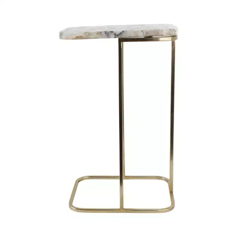 Table d'appoint en métal en forme de C avec plateau en pierre polie
